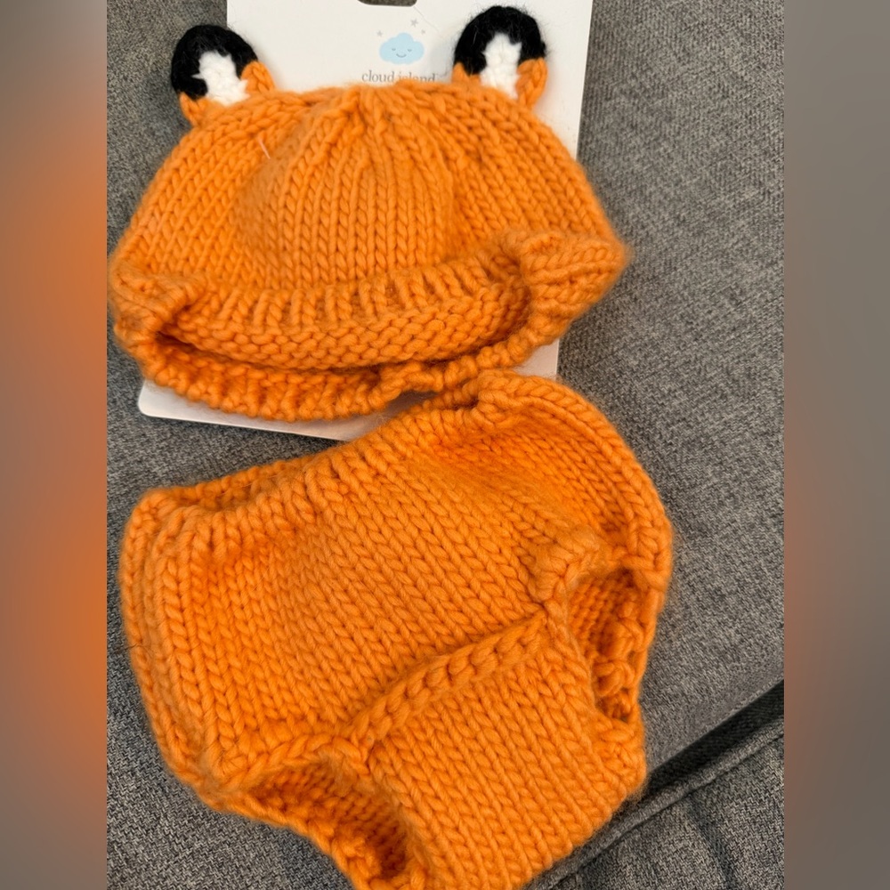 Cloud Island Bright Orange Knit Baby Fox ears and Fox tail on Diaper Cover Set